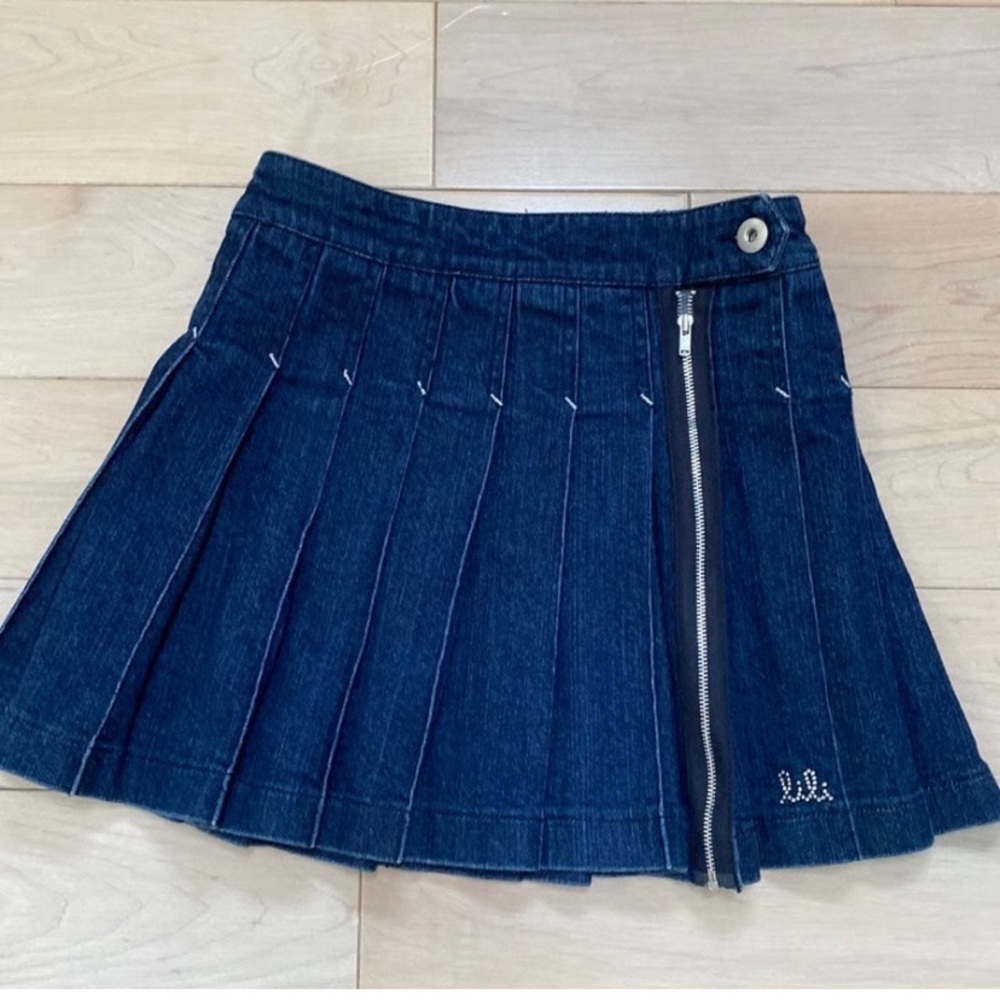 Lili Gaufrette girls denim stretch jean pleated front zipper skirt size S 12-13y